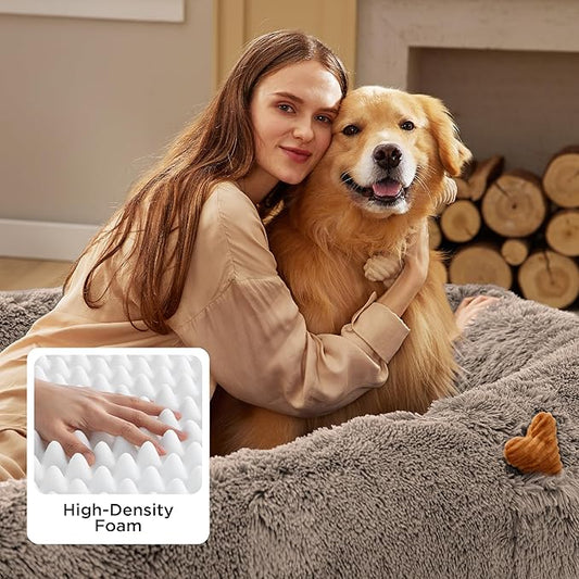 Bedsure Calming Human Dog Bed, 71" x 44" x 12" Giant Human Dog Bed for Adults People Fits Pet Families with Storage Pocket, Fluffy Faux Fur Orthopedic Pet Bean Bed, Camel