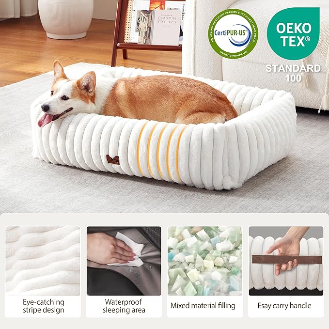 Warmrest Washable Dog Bed for Small Medium Dogs - Rectangle Orthopedic Corduroy Fleece Pet Bed with Removable Cover and Nonskid Bottom, Calming Puppy Bed Soft Pet Sofa, Cream(35x25x9inchs)