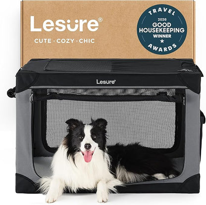 Lesure Shown on TODAY Show Soft Collapsible Dog Crate - 36 Inch Portable Travel Crate for Large Dogs Indoor & Outdoor, 4-Door Foldable Pet Kennel with Mesh Windows, Black