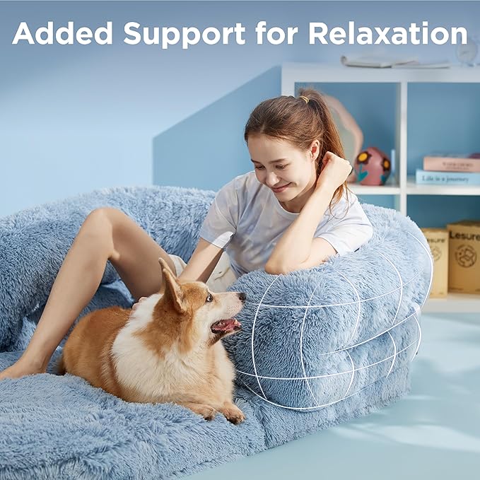 LE SURE Foldable Human Dog Bed - 3 in 1 Flexible Giant Human Dog Bed for Adult People with Supportive Bolster Egg Foam, Waterproof Liner, Calming Fluffy Faux Fur Orthopedic Big Bean Bed, Baby Blue