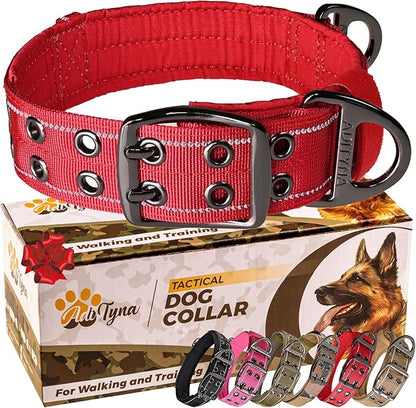 ADITYNA Heavy Duty Red Dog Collar for Large Dogs - Reflective Collar with Handle for Training, and Walking - Wide, Thick, Tactical, Soft Neoprene Padded