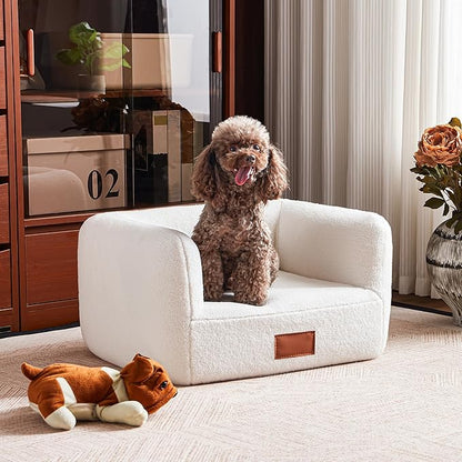 ATJafurn White Faux Shearling Dog Couch Bed for Small Dogs Cats Under 35 lbs, 25.6 Inch Modern Elevated Cat Sofa with Leather Nameplate, Indoor Furniture Style Cute Raised Pet Sofa Bed (Small)