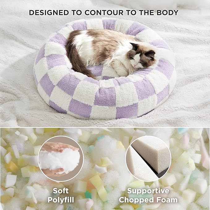 LE SURE Cat Beds for Indoor Cats - Round Donut Small Dog Bed Calming Gift for Pets, Cute Modern Beds with Jacquard Shaggy Plush & Anti Slip Bottom, 20 Inch, Purple