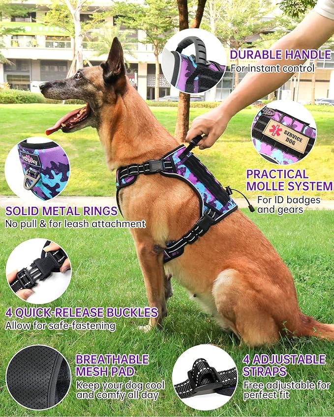 Hotsky Tactical Dog Harness No Pull，Adjustable Service Dog Vest Reflective Military Pet Harness with Control Handle Molle Loop Panels for Training Walking Running(Purple Camo, XL)