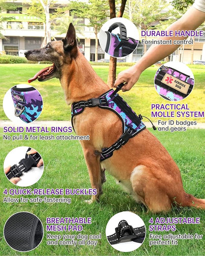 Hotsky Tactical Dog Harness No Pull，Adjustable Service Dog Vest Reflective Military Pet Harness with Control Handle Molle Loop Panels for Training Walking Running(Purple Camo, M)
