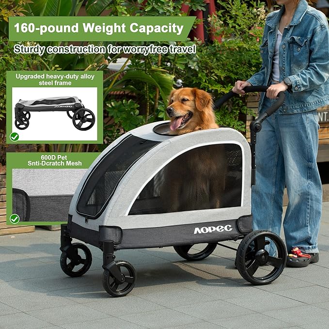 AOPEC Large Dog Stroller - Dual Entry Safety Folding Pet Stroller with Adjustable Handle, All-Terrain 4-Wheel, 160 lbs Weight Capacity for Travel & Outdoor Adventures - Gray