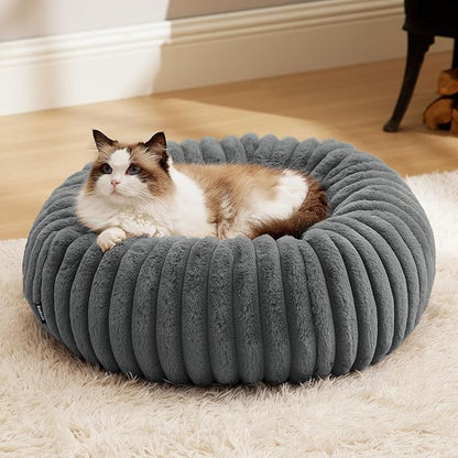 Bedsure ComfyFleece Cat beds for Indoor Cats - Donut Dog Beds for Small Dogs with Corduroy Fleece & Anti Slip Bottom, Faux Fur Pet Beds with Washable Removable Cover, Warm Grey, 20x20x6 inches