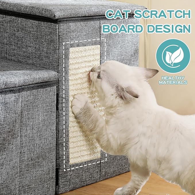 Crispedia Dog Stairs for Small Dogs, 3-Step Dog Ramp for Couch and Bed, Cat Stairs with Storage and Condo, Indoor Non-Slip Pet Stairs for Puppy, Older Cats, Arthritis-Friendly, Grey