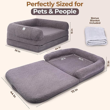 2 in 1 Human Dog Bed for Adult Foldable – Waterproof, Orthopedic Foam, Machine Washable Sherpa Cover, Non-Slip Base – Human Size Dog Bed (Dolphin Gray, 72x44x11)