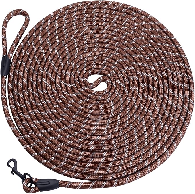 Long Dog Leash for Training 50Ft-Reflective Nylon Rope with Swivel Hook-Recall Agility Lead for Large Small Medium Dogs Outside Walking Hiking-Brown