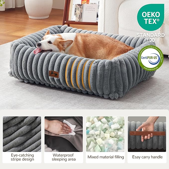 Warmrest Washable Dog Bed for Small Medium Dogs - Rectangle Orthopedic Corduroy Fleece Pet Bed with Removable Cover and Nonskid Bottom, Calming Puppy Bed Soft Pet Sofa, Grey(35x25x9inchs)