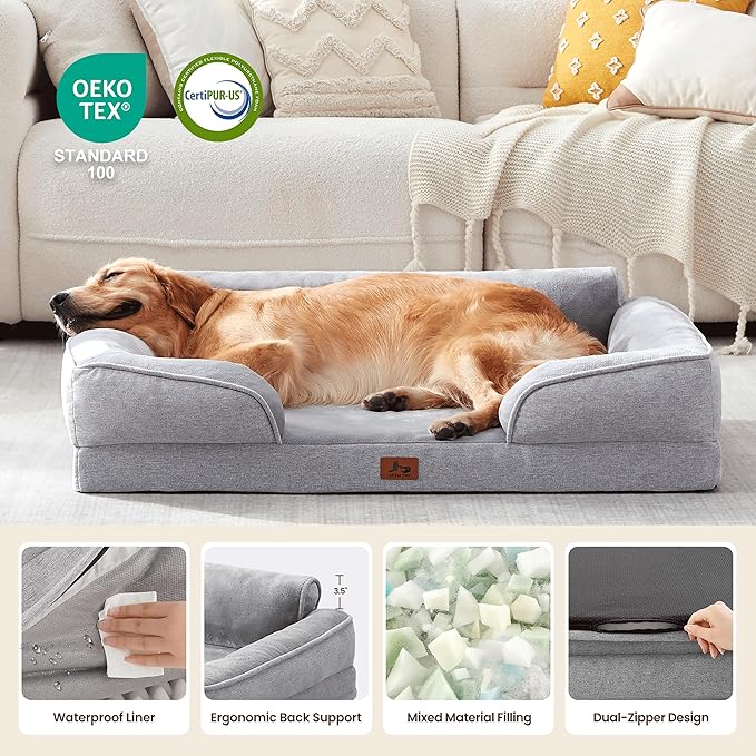 Warmrest Orthopedic Dog Beds for Large Dogs, Waterproof XL Pet Couch Bed with Soft Sides, Washable Dog Sofa with Flannel Removable Cover, 42" L Supportive Egg-Crate Foam Pet Sofa, Light Grey