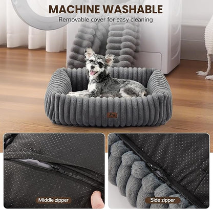 Warmrest Washable Dog Bed for Small Medium Dogs - Rectangle Orthopedic Corduroy Fleece Pet Bed with Removable Cover and Nonskid Bottom, Calming Puppy Bed Soft Pet Sofa, Grey(20x19x6inchs)
