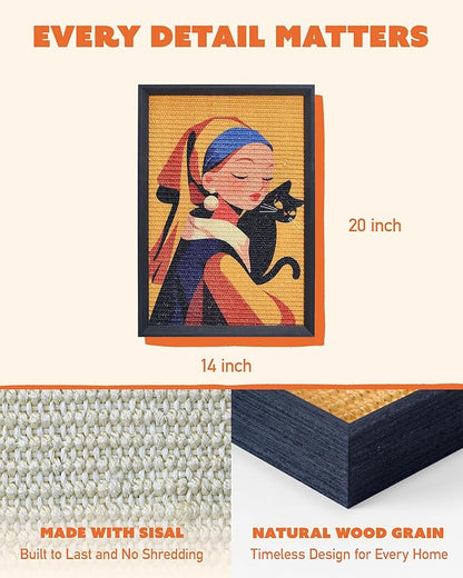 Decorative Wall Art Cat Scratcher for Vertical Scratching, 14"x20" Framed Sisal Scratch Pad Mat with Renter-Friendly No-Drill Wall Mounted Setup, Durable Alternative to Cardboard (Girl with Purr)