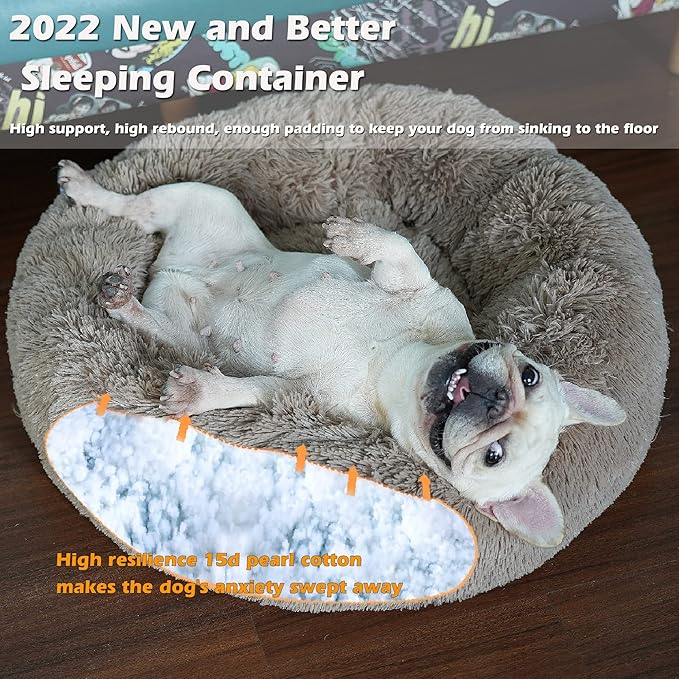 Calming Donut Dogs Beds for Small Dogs Washable,23inch Plush Round Pet Bed for Cozy Sleep,Fluffy Faux Fur Large Cat Bed,Fits up to 25 lbs Pets,Camel