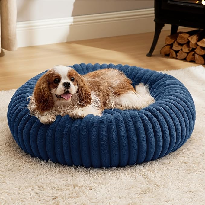 Bedsure ComfyFleece Donut Medium Dog Bed - Washable Faux Fur with Corduroy Fleece & Anti Slip Bottom, Round Pet Beds with Removable Cover, Night Blue, 30x30x8 inches