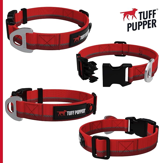 Tuff Pupper Heavy Duty Dog Collar | Tough Dogs Collar | Reflective Collars with Aluminum D-Ring Leash Clip | Separate ID Tag Attachment Keeps Engraved Dog Tags Quiet | Easy Sizing for All Breeds