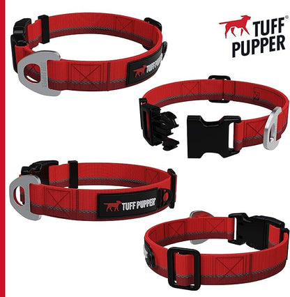 Tuff Pupper Heavy Duty Dog Collar | Tough Dogs Collar | Reflective Collars with Aluminum D-Ring Leash Clip | Separate ID Tag Attachment Keeps Engraved Dog Tags Quiet | Easy Sizing for All Breeds