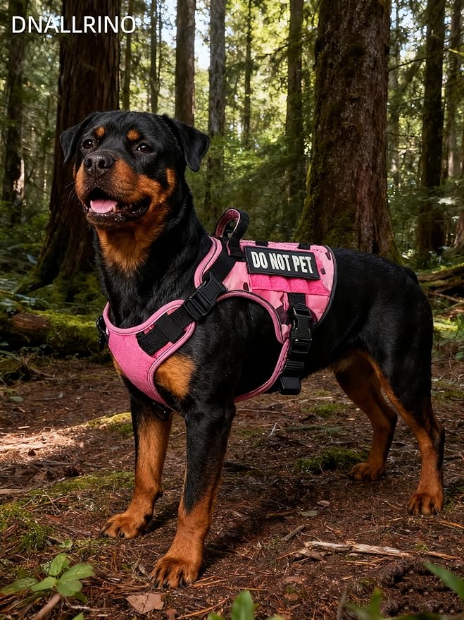 Tactical Dog Harness for Large and XL Breeds, Air Dog Vest No Pull with Reflective Do Not Pet Patches, Breathable Dog Molle Vests for Training Walking Hunting Camo Pink