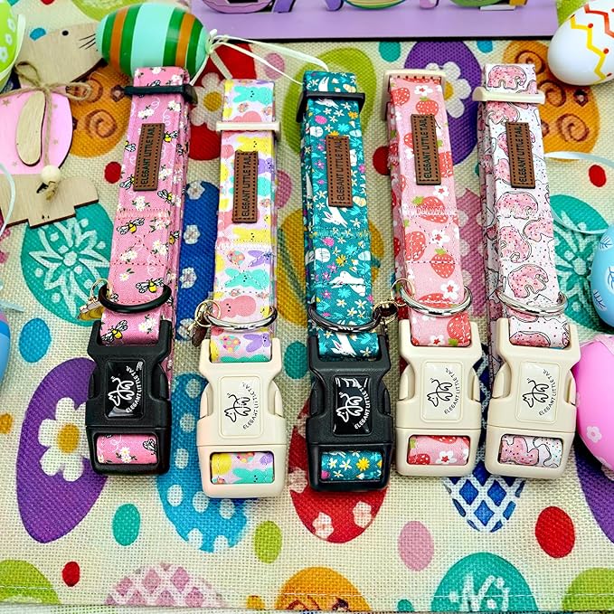 Elegant little tail Dog Collar, Strawberry Pattern Pet Collar Pink Durable Spring Female Spring Collar Adjustable Cotton Pet Collar with Quick Release Buckle for Medium Dogs