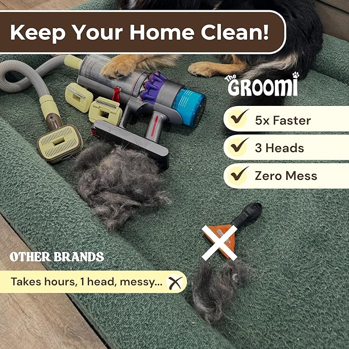 GROOMI Vacuum Pet Brush Kit – 3‑in‑1 Dog & Cat Grooming Tool, Self‑Cleaning Deshedding Brush & Pet Hair Remover, Universal Vacuum Attachment Including Dyson, Short, Medium & Long Fur, All Breeds