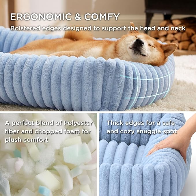 Bedsure ComfyFleece Washable Dog Bed for Large Dogs - Cute Furry Puppy Beds, Rectangle Orthopedic Corduroy Fleece Pet Beds with Removable Zipper Cover, 36x27x8inches, Blue