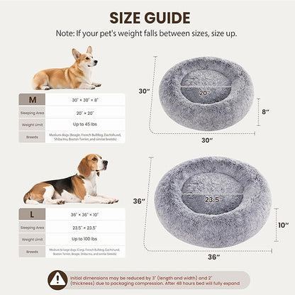 Warmrest Donut Dog Bed Medium Size Dog 36 Inch, Round Cat Beds for Small Medium Dogs and Cats with Washable Fluffy Faux Fur, Cute Comfort Pet Bed with Anti-Slip Bottom, Grey