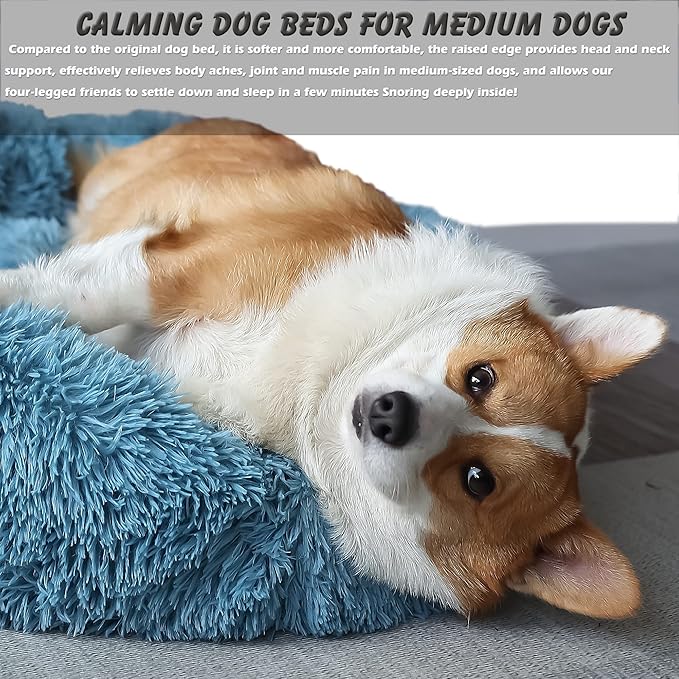 Calming Donut Dogs Beds for Small Dogs Washable,28inch Plush Round Pet Bed for Cozy Sleep,Fluffy Faux Fur Large Cat Bed,Fits up to 30 lbs Pets,Washed Blue