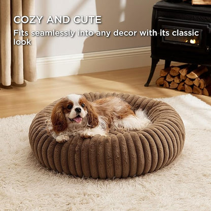Bedsure ComfyFleece Donut Medium Dog Bed - Washable Faux Fur with Corduroy Fleece & Anti Slip Bottom, Round Pet Bed with Removable Cover, Camel Brown, 30x30x8 inches