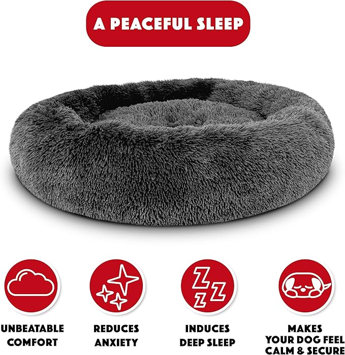 The Dog’s Bed Sound Sleep Donut Dog Bed, Medium Dark Grey Fur Calming Nest Bed, Veterinary Approved