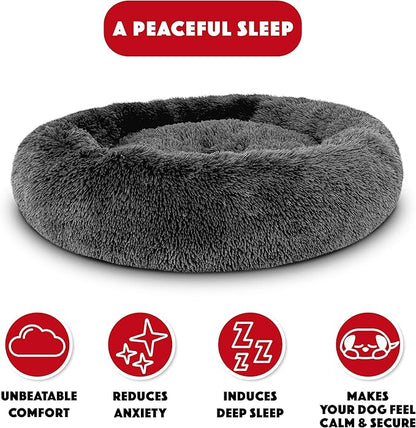 The Dog’s Bed Sound Sleep Donut Dog Bed, Medium Dark Grey Fur Calming Nest Bed, Veterinary Approved