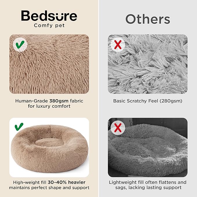 Bedsure Calming Dog Bed for Small Dogs - Donut Washable Small Puppy Bed, 23 inches Anti-Slip Round Fluffy Plush Faux Fur Large Cat Bed, Fits up to 25 lbs Pets, Camel