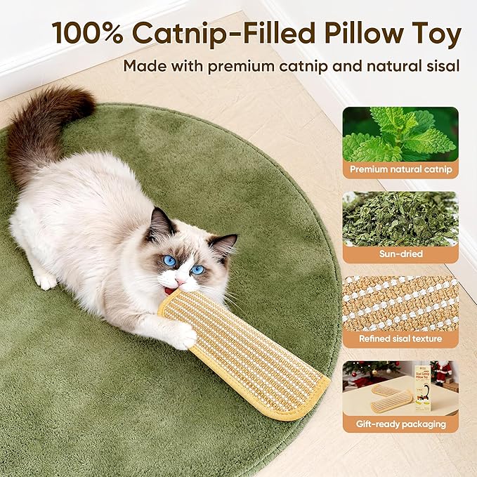PetZen Garden Sisal Catnip Pillow Toy Kickers, 2 Pack Interactive Catnip Toys with Organic 8000mg Herbal Blend for Indoor Scratching, Chewing & Teething, Fun for Kittens and Adult Cats