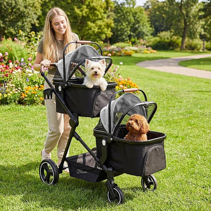 Foldable Double Pet Stroller for 2 Small Medium Cats or Dogs, Lightweight Single and Double Integrated Pet Stroller with Detachable Carriers
