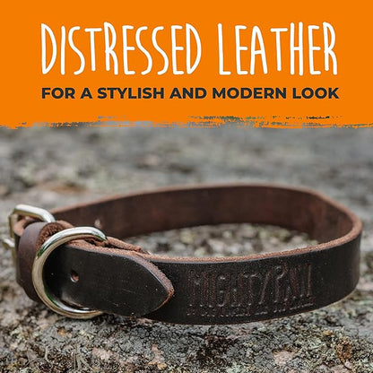 Mighty Paw Leather Dog Collar - Genuine Distressed Leather - Strong Metal Buckle - Ultimate Comfort - Modern Style for All Dogs Breeds - Comfort Puppy Collar - (Large - Brown)