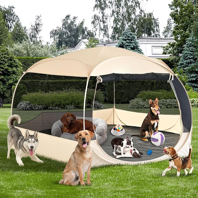 EighteenTek® XXLarge Popup Portable Dog Houses 10'x4.8'H Assembly-Free Gazebo-Style Dog Cot Cat Playpen Screen Pet Tent Sun Shade Shelter Dog Bed with Canopy for Outdoor Anti-Bugs with Leakproof Floor