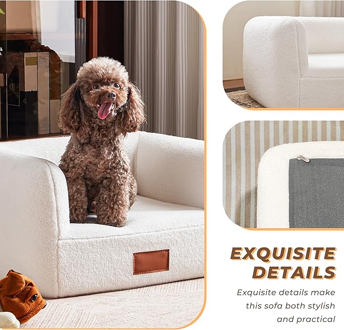 ATJafurn White Faux Shearling Dog Couch Bed for Small Dogs Cats Under 35 lbs, 25.6 Inch Modern Elevated Cat Sofa with Leather Nameplate, Indoor Furniture Style Cute Raised Pet Sofa Bed (Small)
