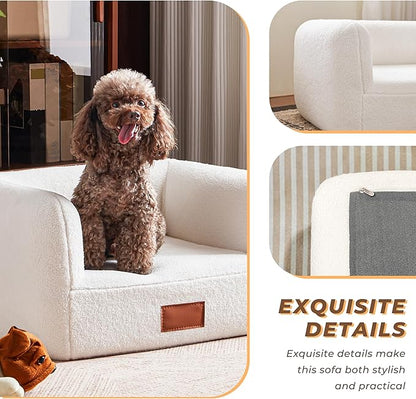 ATJafurn White Faux Shearling Dog Couch Bed for Small Dogs Cats Under 35 lbs, 25.6 Inch Modern Elevated Cat Sofa with Leather Nameplate, Indoor Furniture Style Cute Raised Pet Sofa Bed (Small)