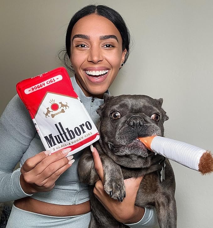 Nestpark Muttboro Doggy Cigs Funny Dog Toys - Parody Plush Squeaky Crinkle Interactive Dog Toy - Hide and Seek Treat Hiding Burrow Puzzle Toy for Stimulating Enrichment Activity