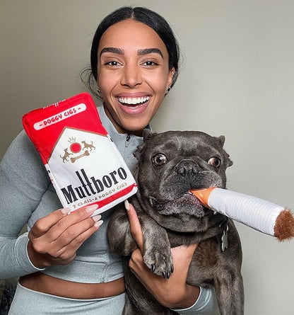 Nestpark Muttboro Doggy Cigs Funny Dog Toys - Parody Plush Squeaky Crinkle Interactive Dog Toy - Hide and Seek Treat Hiding Burrow Puzzle Toy for Stimulating Enrichment Activity