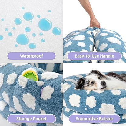 LE SURE Human Dog Bed for Adult & Kids - Calming XXL Size Bed with Egg Foam Supportive Mat as Gift for Family, Cute Modern Beds with Jacquard Shaggy Plush & Anti Slip Bottom 55x37x10, Blue