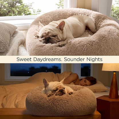 Bedsure Calming Dog Beds Large Sized Dog - Donut Washable Large Pet Bed, 36 inches Anti-Slip Round Fluffy Plush Faux Fur Dogs Bed, Fits up to 80 lbs Pets, Camel