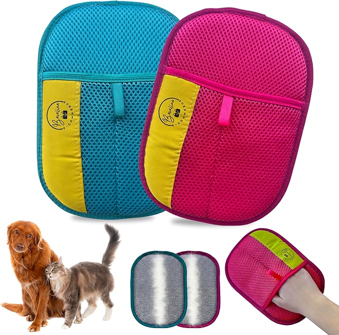 Bevaline Electrostatic Hair Removal Gloves - Pet Hair Removal Mitt for Cats & Dogs, Reusable Dog Fur Remover & Cat Grooming Gloves, Double Color Bundle (Fuchsia & Turquoise, 2 Pcs)