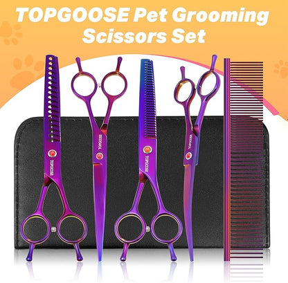 TOPGOOSE Dog Grooming Scissors Kit, Professional 6 in 1 Pet Scissors Sharp Shears Set - Straight, Thinning, Chunker, Curved Shears and Comb for Long Short Hair for Dog Cat (Set, Purple)