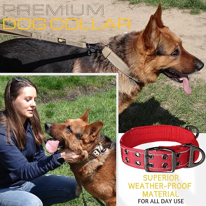 ADITYNA Heavy Duty Red Dog Collar for Large Dogs - Reflective Collar with Handle for Training, and Walking - Wide, Thick, Tactical, Soft Neoprene Padded