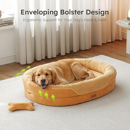 CWAWZ XL Orthopedic Dog Bed, Extra Large Dog Bed, Dog Sofa for Large Sized Dogs with Full-Surround Bolsters, Dual-Sided Dog Cooling Bed with Memory Foam, Washable Pet Sofa with Nonslip Bottom, Brown