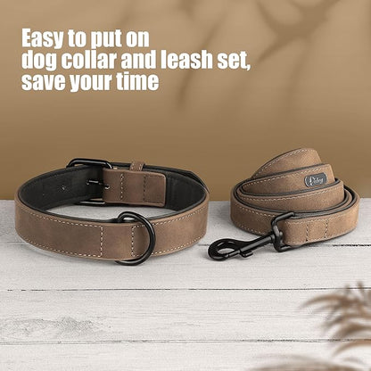 Didog Soft Padded Leather Dog Collar and Leash Set, Adjustable Dog Leash and Collar Set with Metal Buckle, Breathable Dog Collars with 4FT Leather Dog Leash for Small Medium Large Dogs, Brown, M