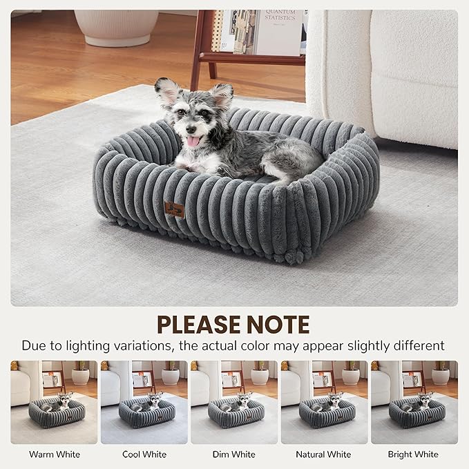 Warmrest Washable Dog Bed for Small Medium Dogs - Rectangle Orthopedic Corduroy Fleece Pet Bed with Removable Cover and Nonskid Bottom, Calming Puppy Bed Soft Pet Sofa, Grey(20x19x6inchs)