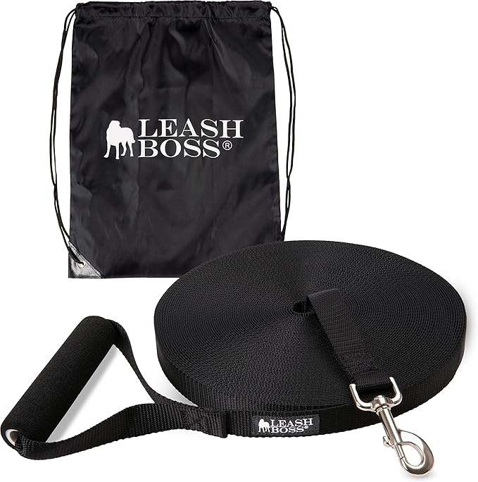 Leash Boss Free Range - Long Dog Leash for Large Dogs + Drawstring Backpack - 1 Inch Nylon Training Lead with Padded Handle (Black) (100 Ft)