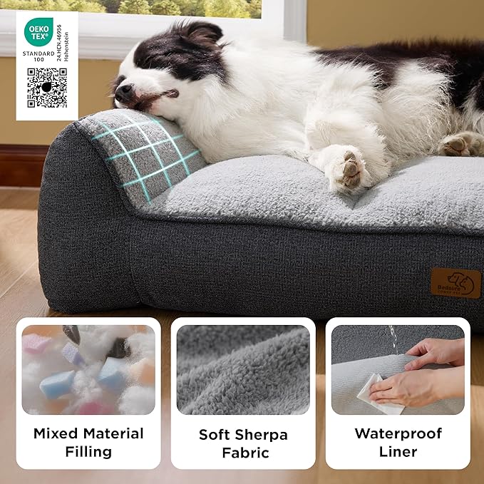 Bedsure Orthopedic Dog Bed Medium Size Dog - Extra Thick Supportive Medium Dogs Beds with Waterproof Washable Cover, Comfort Pet Bed Sofa with Soft Plush Sherpa and Nonskid Bottom, Grey, 35"